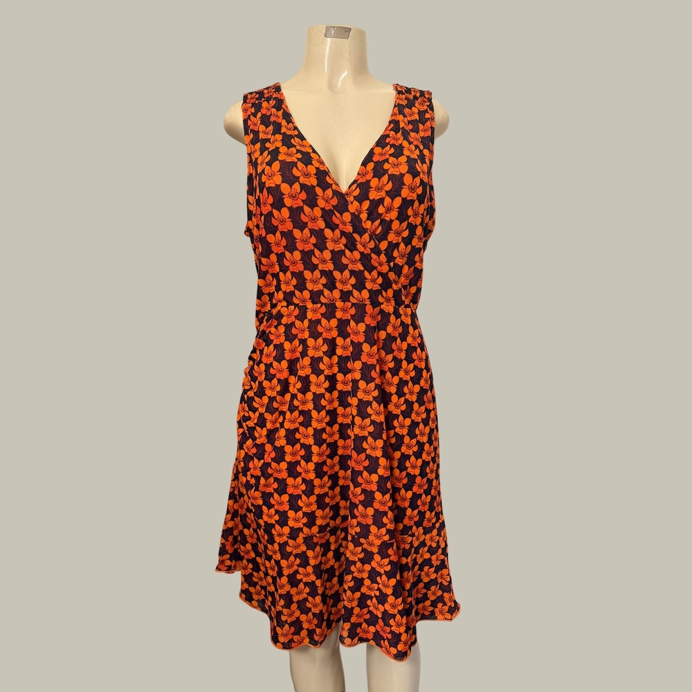 Cabi Reversible Floral Mesh Wrap Dress Orange Navy Polka Dot Ruched Sleeveless L